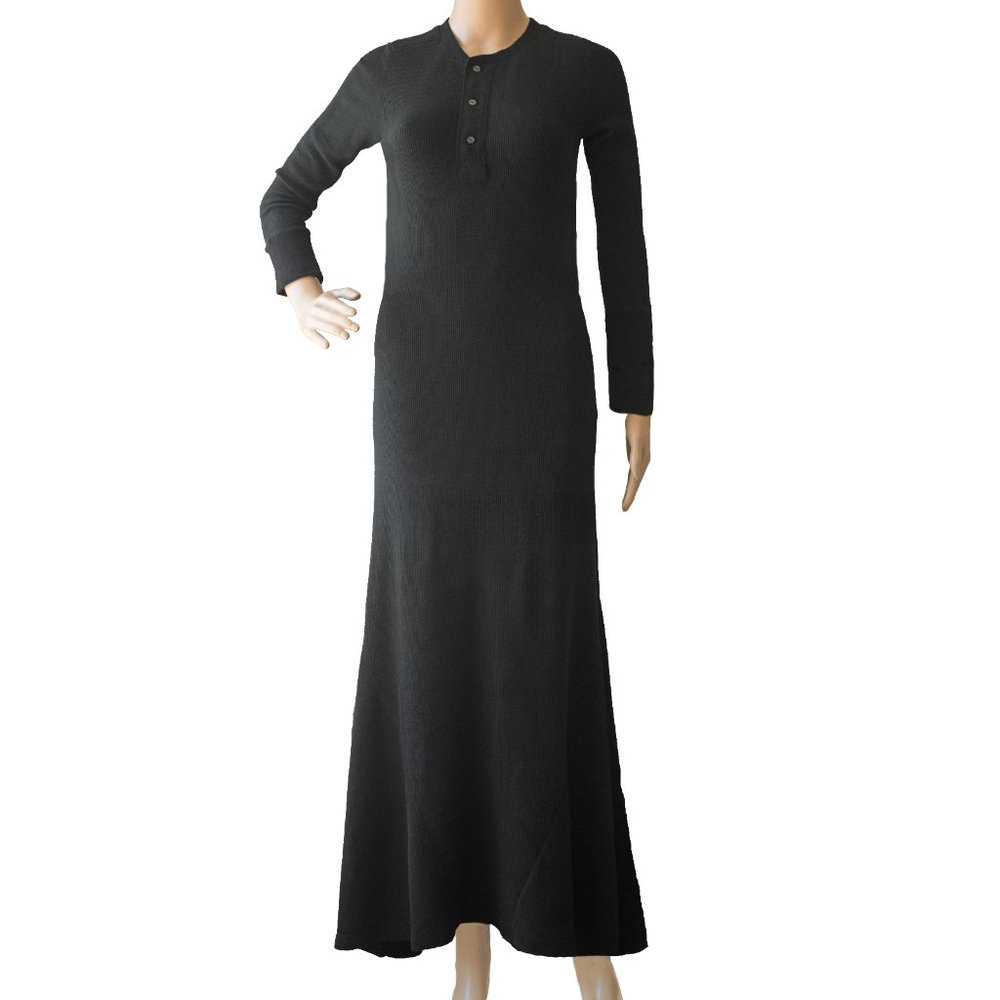 New $145 Polo Ralph Lauren Long Dress!  Black  Thermal  Waffle  Henley Style